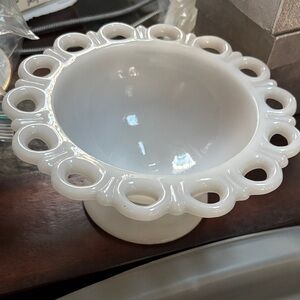 Anchor Hawking white milk glass, open lace pedestal bowl